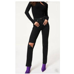 Good American Good Boy Straight Leg Denim Jeans Busted Knee in Black | Size 8/29